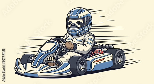 Driver in White Suit and Blue Helmet Zooms Past on a Beige Track – Digital Illustration
