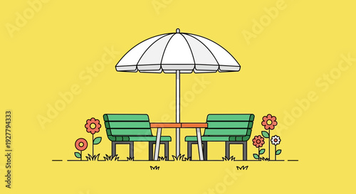 Whimsical Patio Scene with White Umbrella, Green Chairs, Table, and Colorful Flowers on Bright Yellow Background