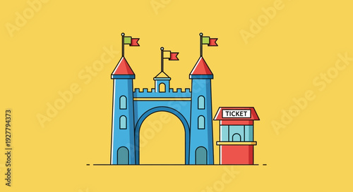 Vibrant Cartoon Castle and Ticket Booth with Colorful Flags, Blue and Red Roofs, Set Against Bright Yellow Background, Front View