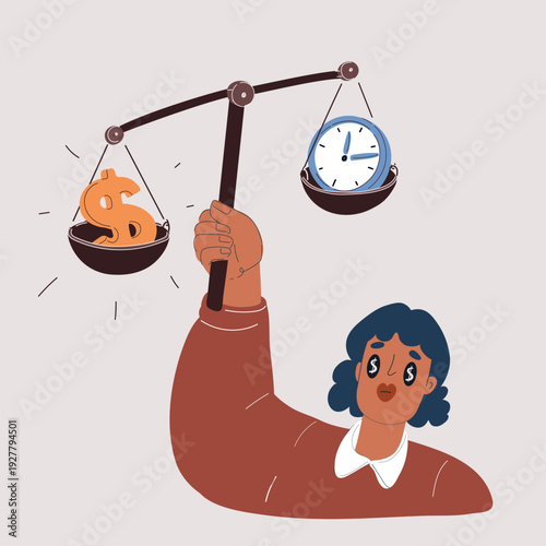 Vector illustration of a woman holding scales with time and money on different sides, concept of time management, priorities, and work-life balance