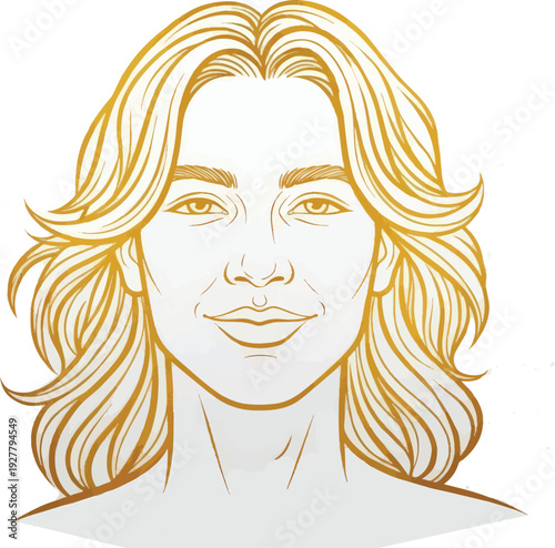 Golden line art portrait of a smiling woman with long hair