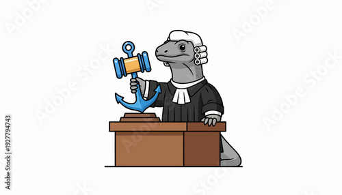 Whimsical cartoon reptile judge character presiding over a courtroom, holding an anchor-shaped gavel as a symbol of legal authority and stability