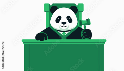 Adorable cartoon panda character depicted as a judge wearing a formal robe, holding a traditional gavel while seated at a green courtroom bench, representing fairness and legal authority