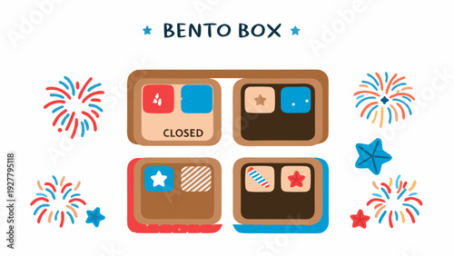 Bento box icons set with festive stars and fireworks