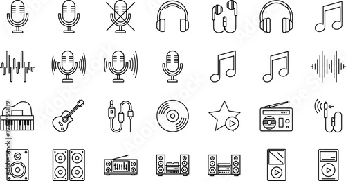 Audio and Music Line Icon Set Featuring Microphones, Headphones, Sound Waves, Speakers, Recording Devices, Media Players, and Multimedia Control Symbols