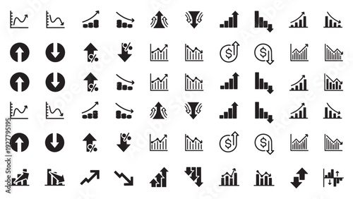 Comprehensive set of financial growth and decline icons, business charts, arrows, and currency symbols in black and white vector