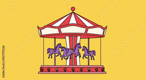Vibrant illustration of a carousel with purple horses beneath a red‑white striped roof, set against a bright yellow background, viewed from the front