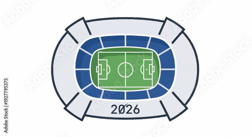 Aerial vector icon of a football stadium with '2026' representing a major future global soccer championship event. Ideal graphic for international sports competition themes