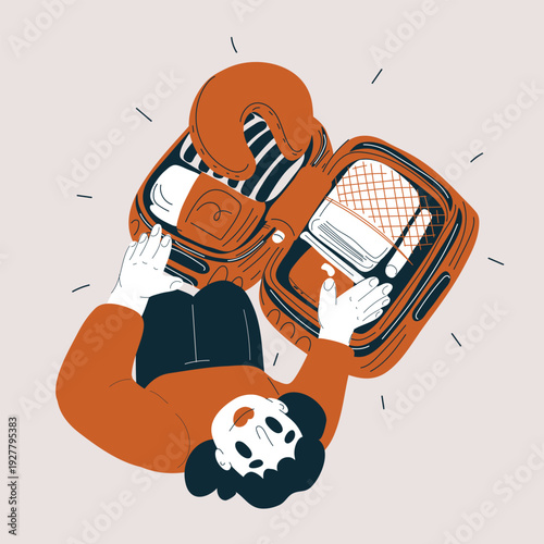 Vector illustration of a woman packing items into a suitcase, concept of travel preparation, organization, and journey