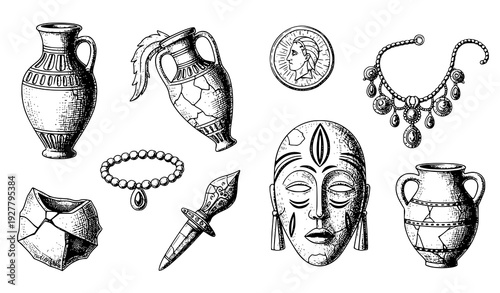 Ancient grave artifacts engraving vector antique archaeological objects collection