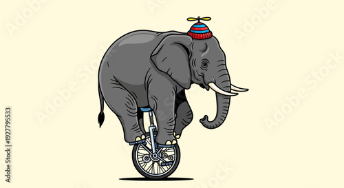 Playful Cartoon Elephant Riding a Unicycle Wearing a Red‑Blue Hat with Yellow Feather, Long Tail and Tusks, Front View Illustration