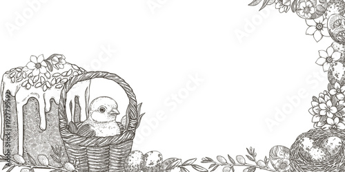 Easter banner with cute chick in basket and cake in vintage sketch style. Hand drawn vector background with nest and egg. Horizontal frame with copy space. Perfect for web design and holiday template.