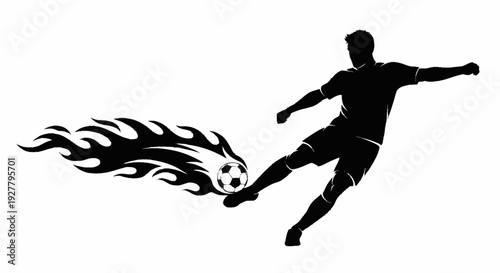 Dynamic silhouette of a soccer player delivering a powerful flaming kick, capturing the intense speed, passion, and competitive spirit of the game in a bold graphic illustration