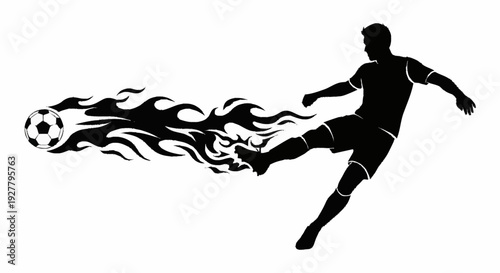 Silhouette of a football player kicking a ball on fire, a symbol of intense sports action and victory