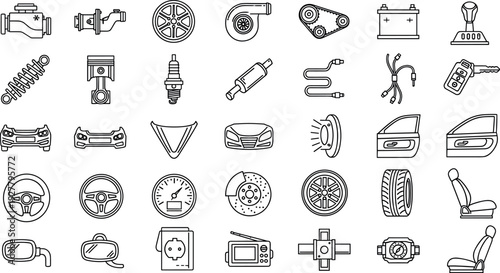 Automotive Parts and Car Components Line Icon Set Featuring Engine Elements, Tires, Brakes, Electronics, Interior Accessories, and Vehicle Maintenance Symbols