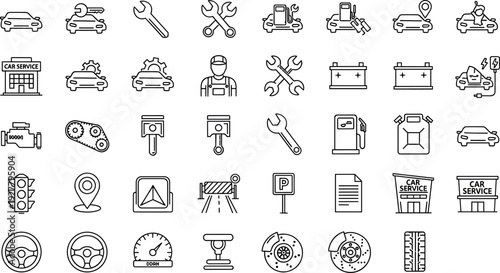 Automotive Service and Car Repair Line Icon Set Featuring Vehicle Maintenance, Mechanics Tools, Diagnostics, Garage, and Transportation Concept Symbols