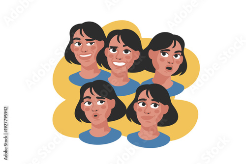 A woman cartoon character with multiple facial expressions and emotions