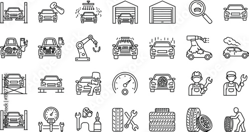 Automotive Service and Car Repair Outline Icon Set with Vehicle Maintenance, Diagnostics, Garage, Mechanic, and Auto Workshop Symbols