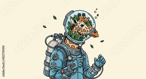 Giraffe in spacesuit vomiting leaves