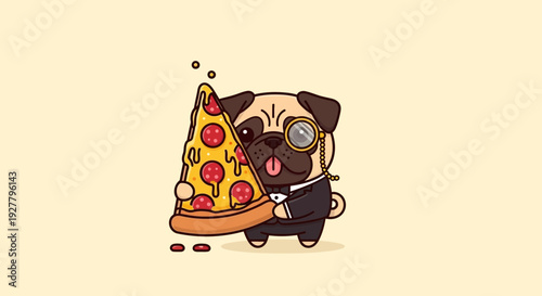 Pug riding scooter with pizza