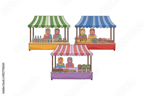 Market stall vector illustration with colorful awnings and vendors