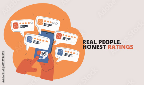Vector illustration of hands holding a smartphone displaying reviews with ratings, concept of feedback, evaluation, and customer opinion