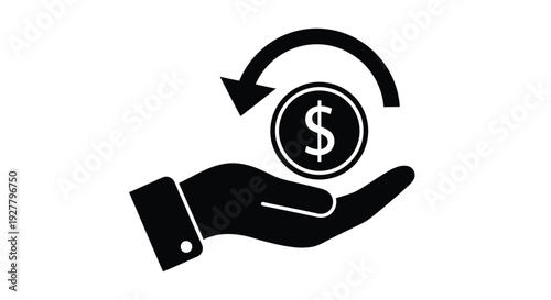 Black and white vector graphic illustration depicting a hand receiving a dollar coin with a circular return arrow symbolizing financial transaction or refund.