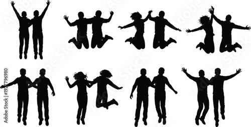 Black silhouette set of happy couples and friends jumping cheering and celebrating together for teamwork success community and active lifestyle group concept design.