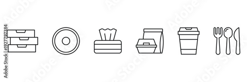 Disposable tableware icons set including pizza boxes, paper plate, tissue box, take away food container with bag, coffee cup and cutlery fork spoon knife vector illustration.