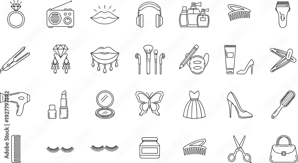 Fototapeta premium Beauty and Fashion Line Icon Set Featuring Cosmetics, Makeup Tools, Hairstyling Accessories, Skincare Products, Clothing, and Personal Care Symbols for Salon and Lifestyle Design