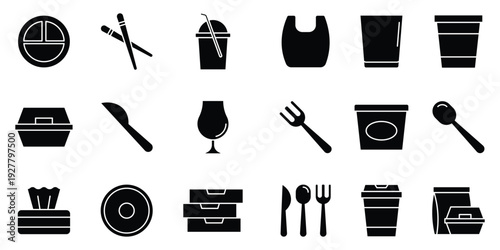 Disposable tableware and food packaging solid icons set. Featuring paper plate, chopsticks, plastic cup, carrier bag, glass, pizza box, take away container, napkin, cutlery fork spoon knife and more.