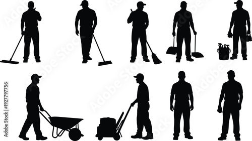Black silhouette set of cleaning service workers and landscapers using brooms wheelbarrows and mops for facility maintenance commercial janitorial and professional groundskeeping services.
