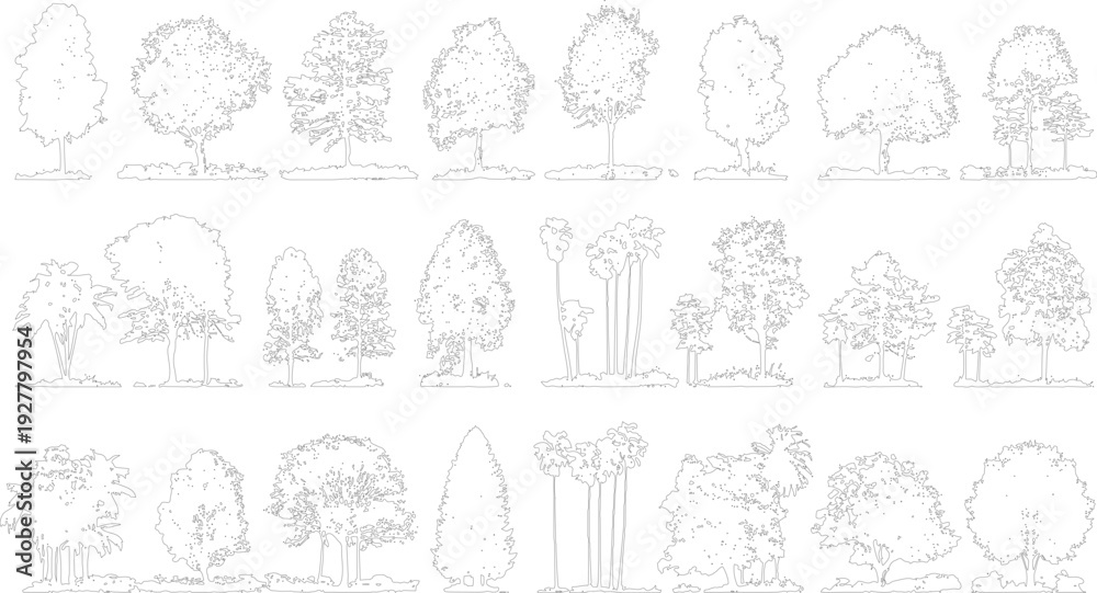 Fototapeta premium Collection of diverse tree outlines in black and white Various tree shapes and sizes are depicted with detailed foliage and ground