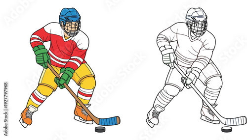 Ice hockey player cartoon illustration. Colored version and black line outline drawing for coloring book. Winter sports graphic with stick and puck.