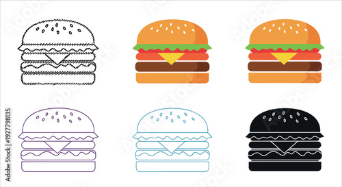 Burger and Fast Food Icon Set Featuring Cheeseburger Variations in Line and Flat Styles for Restaurant Menus, Food Apps, and Branding Designs