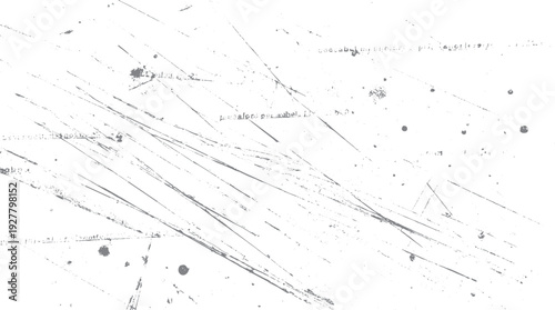Gray scratches and dots on white background. Abstract distressed texture with blurred text fragments