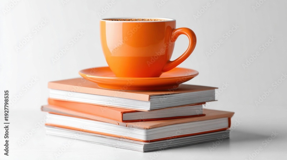 Naklejka premium Bright orange coffee cup resting on a stack of books, symbolizing relaxation and knowledge