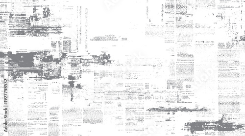 Faded Newspaper Text and Dots Texture Background. Distressed Paper Effect with Grey Ink Smudges and Text Fragments