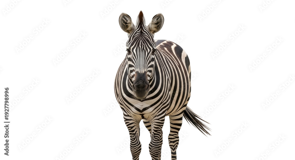 Obraz premium Isolated Zebra with Upright Stance and Striking Pattern, Front View of the Animal