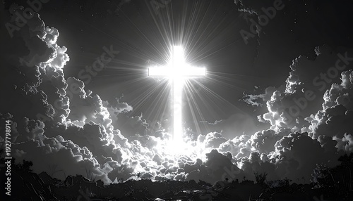 Dramatic cross shining through clouds heaven.