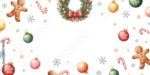 A festive christmas pattern with ornaments and gingerbread men on a white background.