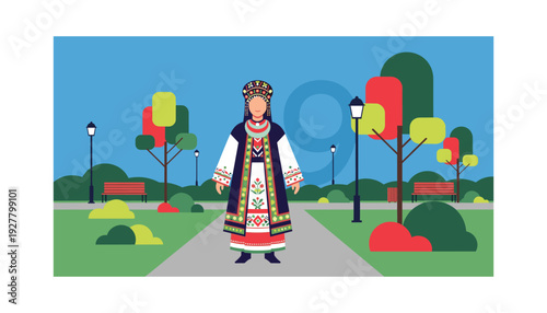 Woman in traditional folk costume standing in vibrant park with colorful trees