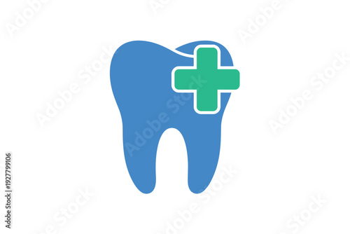 A blue tooth icon with a green cross symbolizing dental health and care.
