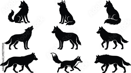 Fox silhouette collection featuring sitting, walking and howling poses, wild animal vector set isolated on white background for logo, tattoo, wildlife illustration and design projects