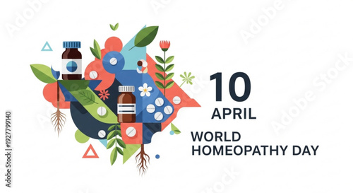 World homeopathy day april 10th herbal medicine illustration with bottles and plants