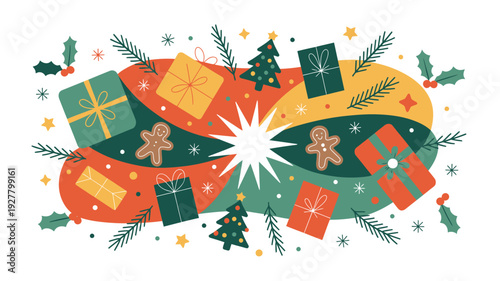 A festive holiday ribbon garland with gifts and gingerbread men.