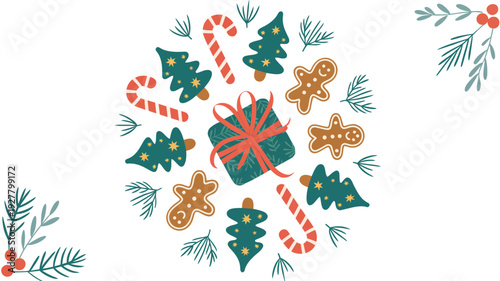 A festive holiday arrangement with gift and sweets on white background.