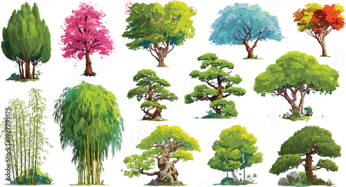 Collection of diverse stylized trees including bamboo willow cherry blossom and autumn foliage on white background