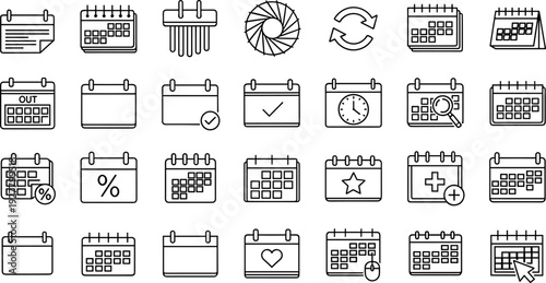 Calendar and Schedule Icon Set with Date Planning Reminder Events and Time Management Symbols for Apps Websites and Productivity Interfaces