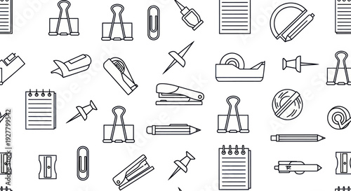 Minimalist seamless pattern of office and school supplies outline icons